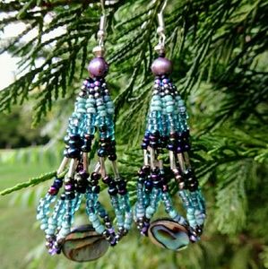 Hand Beaded Abalone and Freshwater Pearl Earrings